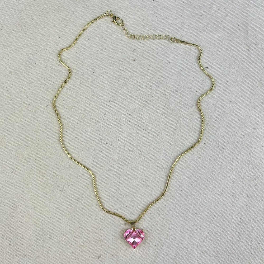 Vintage Y2K gold and pink heart gem indie style necklace pearl cottage